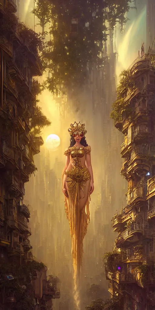 Image similar to golden ornate goddess looking at a hyper realistic cyberpunk city, busy crowded market street overtaken by lush plants, full moon, light rays, gnarly trees by tom bagshaw, mucha, gaston bussiere, craig mullins, j. c. leyendecker 8 k