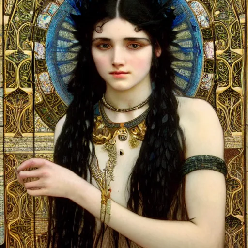 Prompt: highly detailed portrait of a beautiful cute girl with feathers, endless black hair, with pale skin, fibonacci, fragile, sitted on an intricate stone throne by alphonse mucha, nicola samuri, dino valls, m. w. kaluta, rule of thirds, seductive look, 4 k resolution