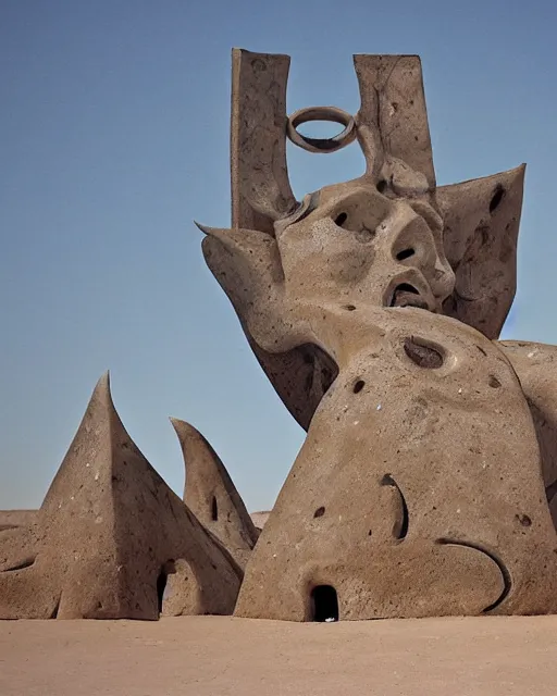 Prompt: strange cyberpunk pagan giant monument in the middle of the desert by dali and bosch and moebius