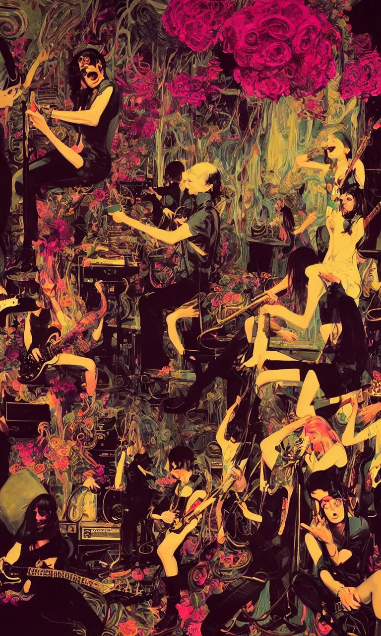 Image similar to the velvet underground and nico playing live on stage at a night club, beautiful stage decoration with flowers in the background, painting by james jean and syd mead and gaston bussiere, very detailed and colorful and toned down and ornamental and moody and cool and relaxed and high on drugs, trending on artstation, behance contest winner