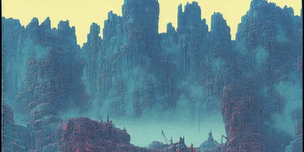 Image similar to grainy risograph matte painting of gigantic huge mech with huge swords, pastel matte colors, staying in the toxic blue canyon, by moebius, hyperrealism, intricate detailed