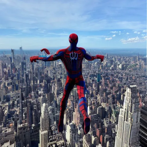 Image similar to marvel spider - from back hands on waist standing on top of the empire state building