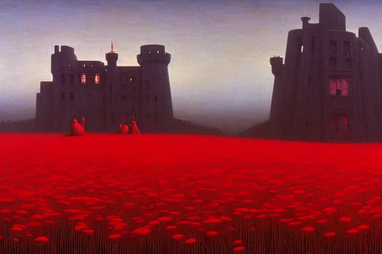 Image similar to only with red, red flowers of different types, a castle in the background, red giants rest over the flowers, in the style of beksinski, part by hopper, part by rodcenko, part by hofbauer, intricate composition, red by caravaggio, insanely quality, highly detailed, masterpiece, red light, artstation, 8 k