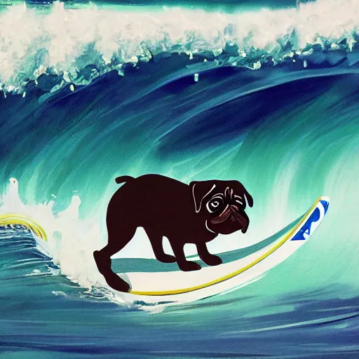 Image similar to pug riding a huge wave on a surf board, mid - summer