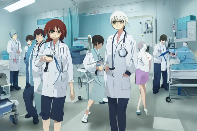 Image similar to a cute young female doctor wearing white coat are doing an operation in a hospital, slice of life anime, cinematic, lighting, 8kHDR, anime scenery by Makoto shinkai