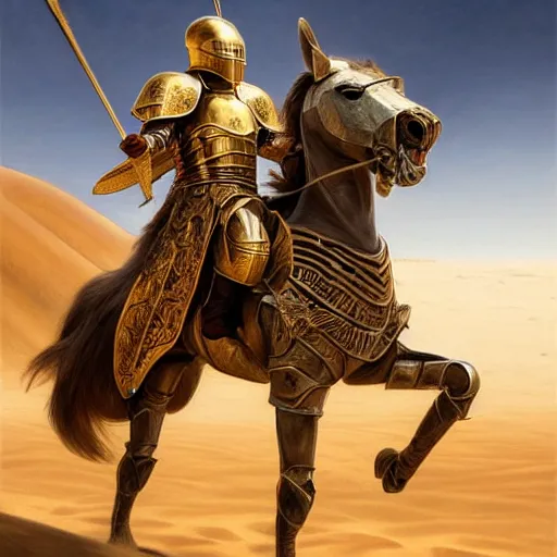 Image similar to Realistic photo of the king of the Desert in Battle, Knight with a golden helmet and a Silver Armour, Sand, Heroic Battle Scene, D&D, fantasy, intricate, cinematic lighting, highly detailed, digital painting, Artstation, 8k, photorealistic, art by Artgerm and Greg Rutkowski and Alphonse Mucha