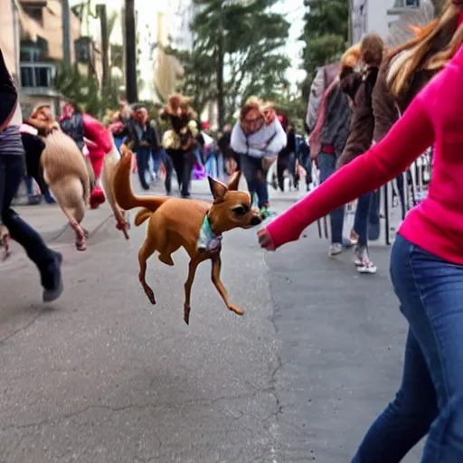 Prompt: crowd running away in panic from a chihuahua