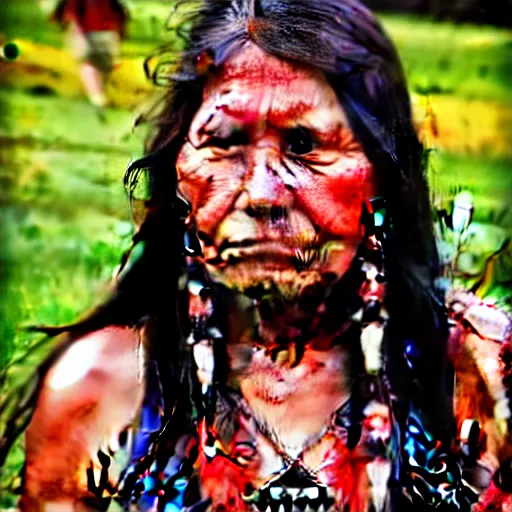 Prompt: red and black portrait of a Native American warrior woman