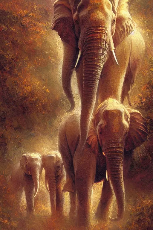 Image similar to spiritual twin flame elephant art, dusk hue, highly detailed, oil painting, by craig mullins