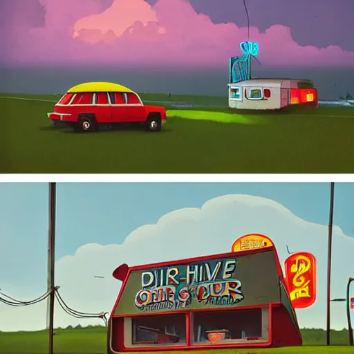 Image similar to drive - in burger restaurant by the beach by simon stalenhag