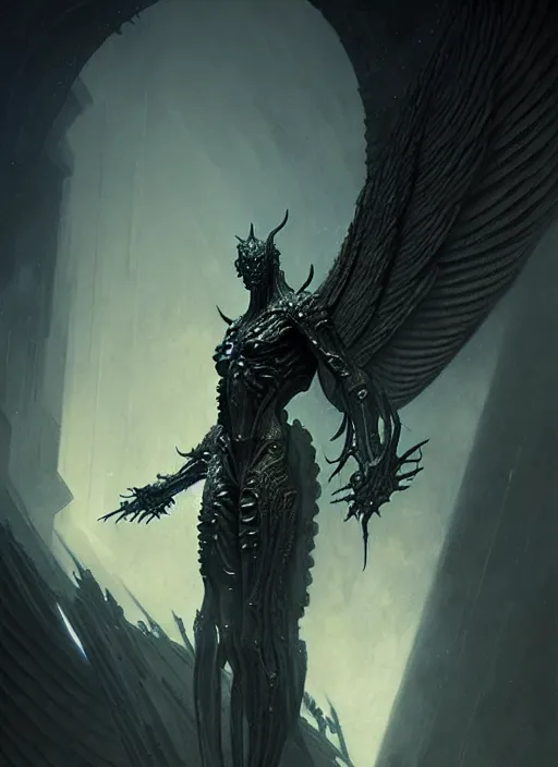 Prompt: rebulon the ancient arch angel - demon, by greg rutkowski and giger, masterpiece concept art, 8 k, intricate detail, cinematic lighting, epic pose, deep colors, majestic view