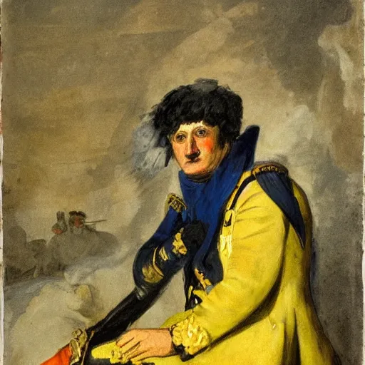 Image similar to Volodymyr Zelensky at war, dressed like Napoleon Bonaparte, his clothes are torn and dirty, he is sitting between dead corpses and weeping, holding a half burnt blue and yellow flag of Ukraine, by Francisco Goya