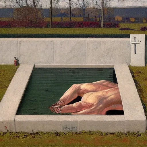 Prompt: by horace pippin, by serge marshennikov threatening. the computer art shows a grave that has been flooded with water. the grave is located in a cemetery in italy. the water in the grave is dirty & there is trash floating in it. the grave is surrounded by a fence.