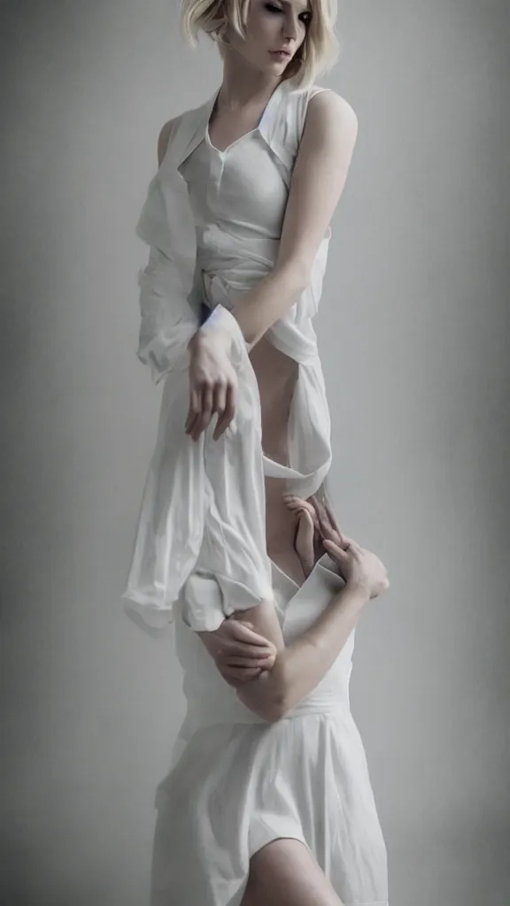 Image similar to emily skinner cosplaying annie leonhart wearing open toe heels and wearing a white dress in a white room looking up, beautiful face, pale skin, rule of thirds, cinematic lighting, rainy weather, melancholy atmosphere, sharp focus, backlit, stunning, smooth, hard focus, full body shot, studio photo, shot on sony a 7 iii, hyper realistic,