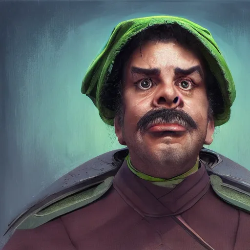 Image similar to hyper realistic, realistic - anime, portrait, beautifully rendered, italian garb the future, dune, caricature, luis guzman as luigi wearing green, smirking deviously, luigi, luigi's nose, painted by gustave courbet, greg rutkowski, wlop, artgerm, dishonored 2,