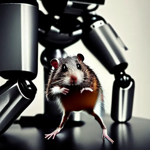 Prompt: uhd candid photo of a metal hamster cyborg android robot. photo by annie leibowitz