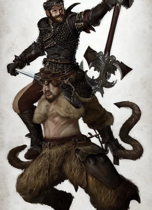 Image similar to strong young man, photorealistic bugbear ranger holding aflaming sword, black beard, dungeons and dragons, pathfinder, roleplaying game art, hunters gear, jeweled ornate leather and steel armour, concept art, character design on white background, by alan lee, norman rockwell, makoto shinkai, kim jung giu, poster art, game art