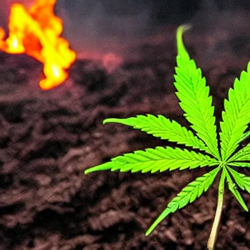 Prompt: a cannabis plant sinking in glowing molten lava