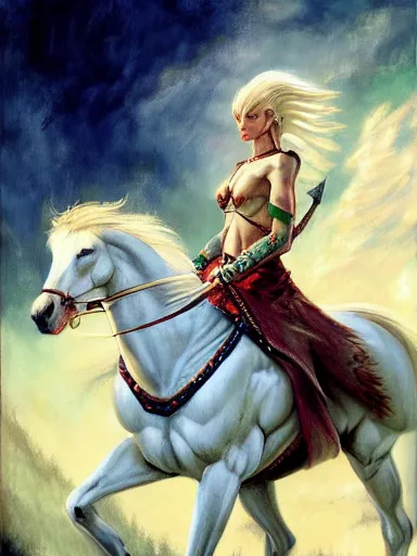 Prompt: painting of a white female elf warrior riding a horse, highly detailed painting, realistic, symmetrical, illustration, artstation, in the style of frank frazetta, ayami kojima