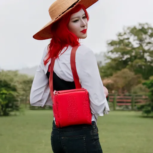 Image similar to red headed woman wearing a wide brimmed straw hat and a fanny pack