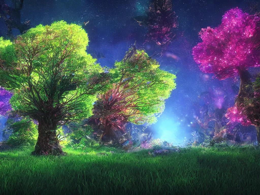 Prompt: a magical glowing tree, deep color, fantasy art, dark night, reflective ground of microscopic gems and grass, extreme detail, studio ghibli and pixar and abzu, rendering, deep colors, deep lush vivid colors, vray render, cgsociety