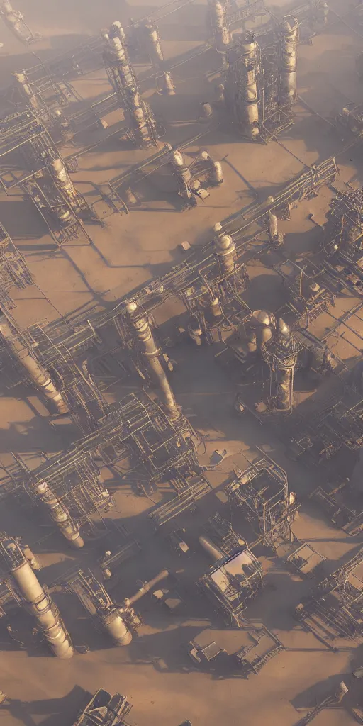 Prompt: large oil factory, dust storm, futuristic, top down view, desert, cyberpunk theme, high detail