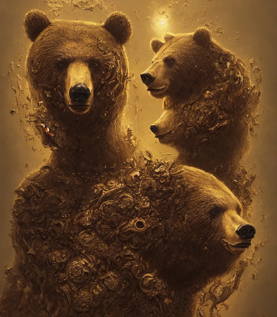 Prompt: bear portrait, head on face, foreground, coherence, volumetric, wearing a carved half mask with incrustations, astral godness, ethereal, elements, baroque, rococo, ink, tarot card enviromet, cinematics lights, detailed, intricate illustration, octane render, golden ratio, fine art by peter mohrbacher & marc simonetti