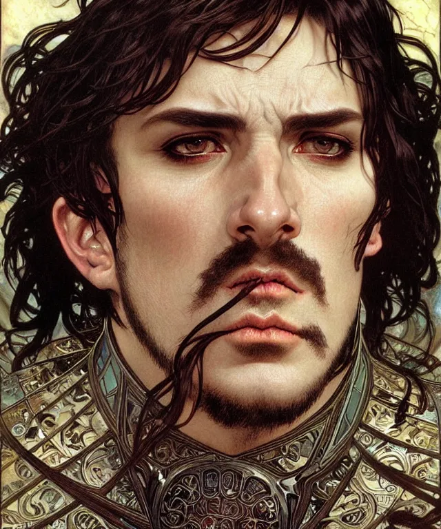 Prompt: realistic detailed face portrait of a rugged handsome king with spiky black hair and black leather armor by alphonse mucha, ayami kojima, amano, greg hildebrandt, and mark brooks, male, masculine, art nouveau, neo - gothic, gothic, character concept design