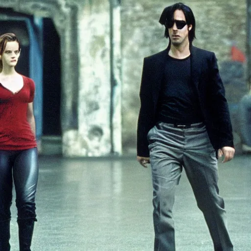 Image similar to keanu reeves and emma watson in the matrix 4