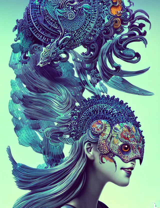 Image similar to 3 d goddess close - up profile solarpunk portrait ram skull. beautiful intricately detailed japanese crow kitsune mask and clasical japanese kimono. betta fish, jellyfish phoenix, bio luminescent, plasma, ice, water, wind, creature, artwork by tooth wu and wlop and beeple and greg rutkowski