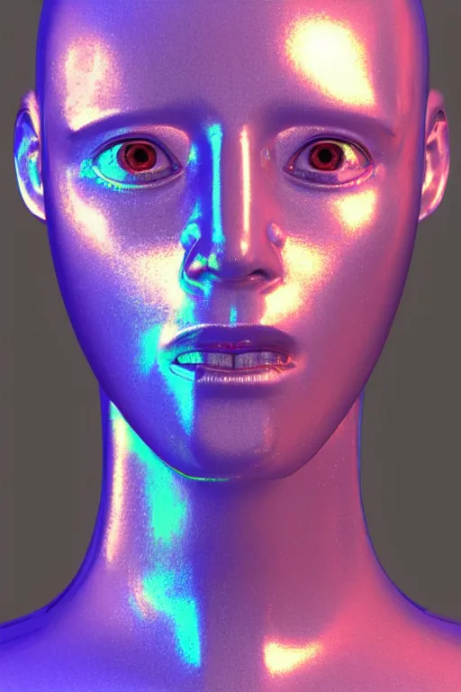 Image similar to 3d render of holographic angry human robotic screaming angry bust made of glossy iridescent, screaming, bust, surrealistic 3d illustration of a human non-binary, non binary model, 3d model human, cryengine, made of holographic texture, holographic material, holographic rainbow, concept of cyborg and artificial intelligence