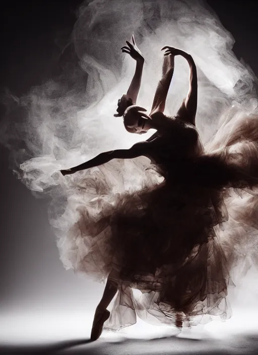 Image similar to a Photorealistic dramatic hyperrealistic render of a glamorous beautiful Female smoke dancer by Ken Brower and Deborah Ory of NYC Dance project,Lois Greenfield,Flowing cloth and smoke,Beautiful dynamic dramatic dark moody lighting,volumetric,shadows,cinematic atmosphere,Octane render,8K