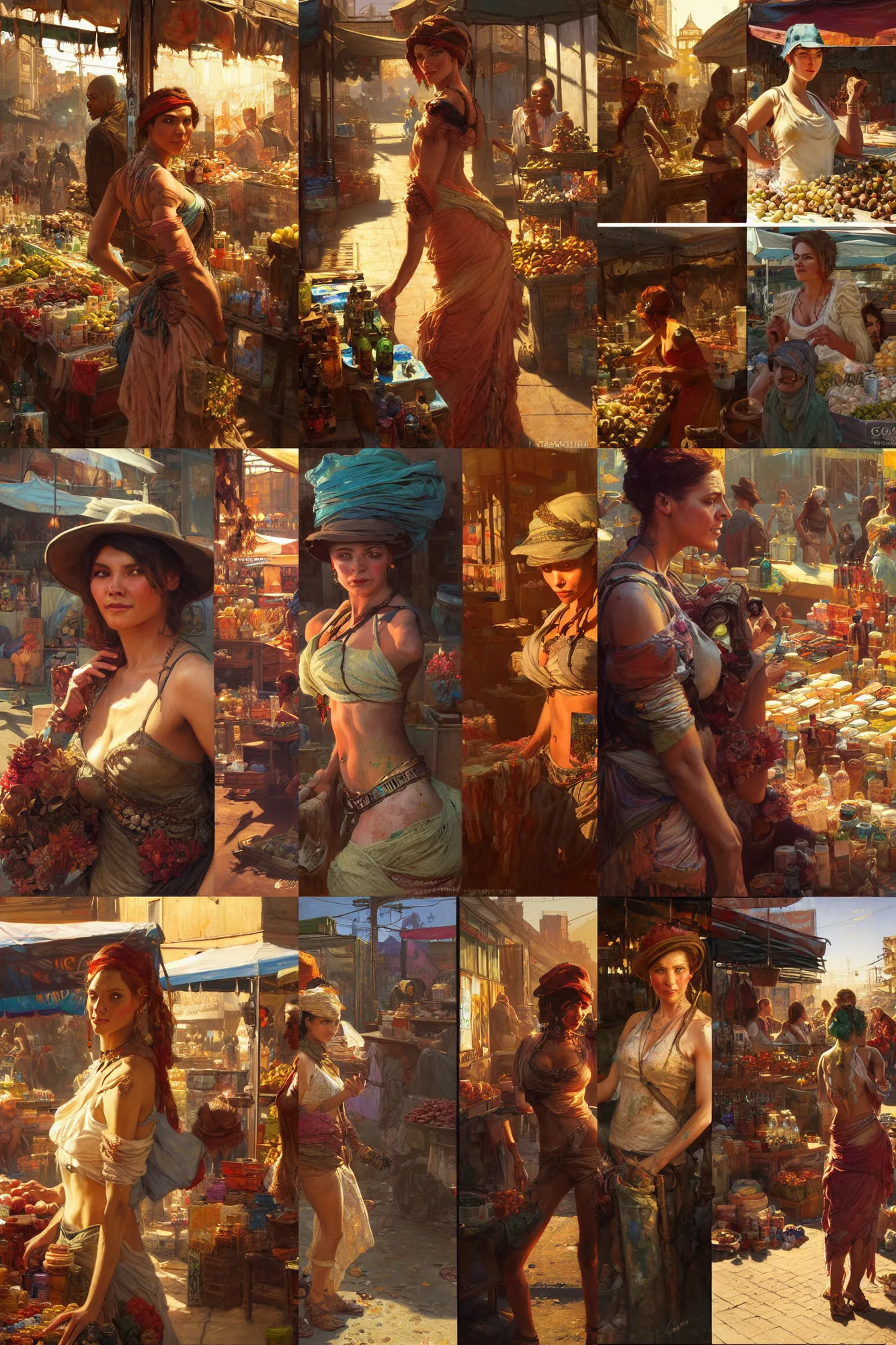 Prompt: a detailed painting of a woman at a market in dying light 2 and borderlands 3, painting by gaston bussiere, craig mullins, j. c. leyendecker