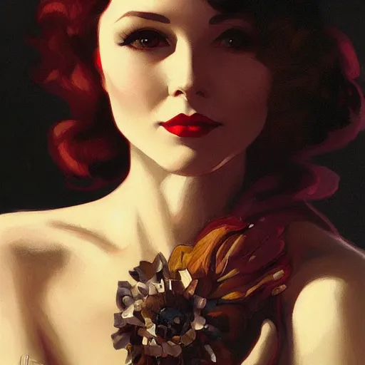 Image similar to a closeup portrait of a young vivian leigh, 1 9 2 0 s, femme fatale, gorgeous view, night, film noir, eerie, high detail, sharp, masterpiece by artgerm and greg rutkowski and alphonse mucha, digital art, trending on artstation