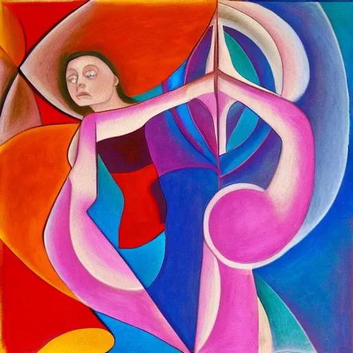 Prompt: woman symmetry dancing through time and space as ferns and spirals unfold before her feet, abstract art in the style of cubism and davinci and georgia o keefe,