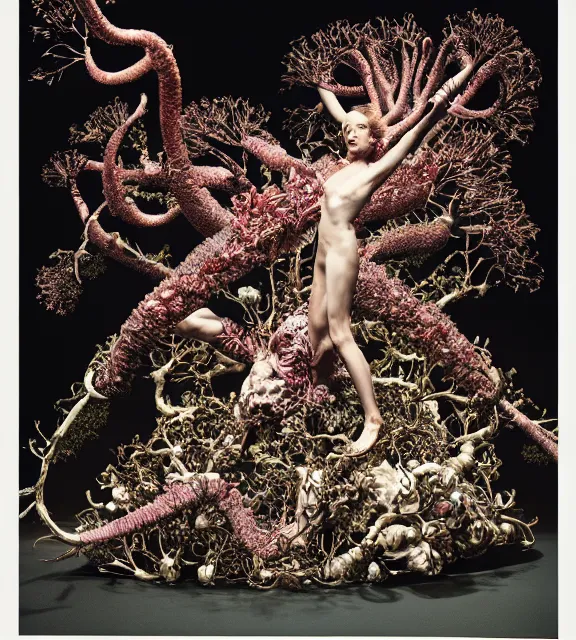 Image similar to still frame from Prometheus, bionic gaia sowing in blossoming mycelium gardens by Neri Oxman and alexander mcqueen, metal couture haute couture editorial by utagawa kuniyoshi by giger