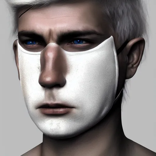 Prompt: mask, sad expression, male, white hair, long hair, white, concept art, photorealistic, highly detailed, sharp focus, artstation, digital painting