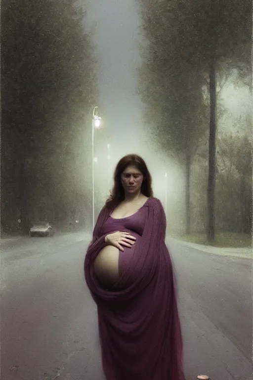 Prompt: pregnant woman under street light, nothern russia, by Alyssa Monks, Bouguereau