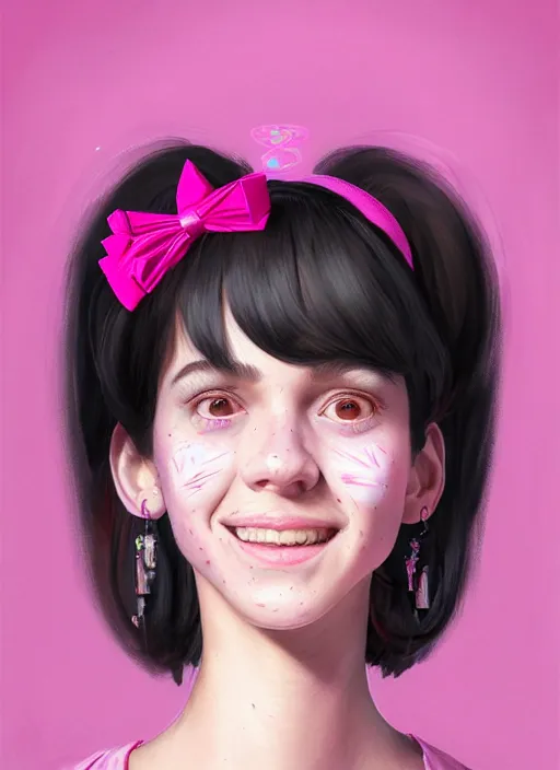 Image similar to portrait of high school girl, realistic, black hair, bangs, half updo hairstyle, pointy nose, skinny, smile, ugly, defined jawline, big chin, pink hair bow, earrings, intricate, elegant, glowing lights, highly detailed, digital painting, artstation, sharp focus, illustration, art by wlop, mars ravelo and greg rutkowski