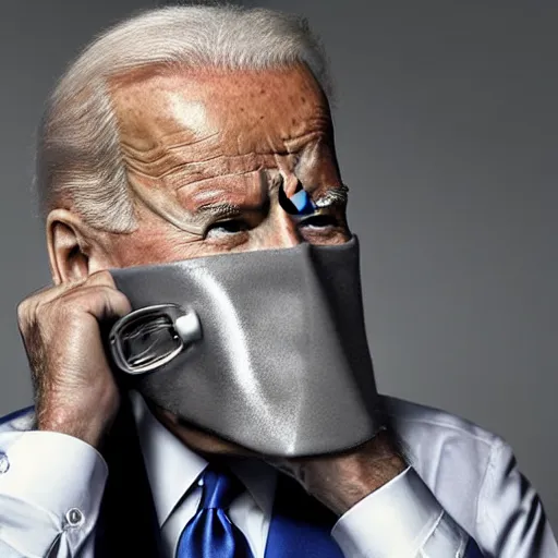 Image similar to uhd candid photo of joe biden wearing a muzzle, with accurate face, real muzzle, uhd, studio lighting, correct face, photo by annie leibovitz