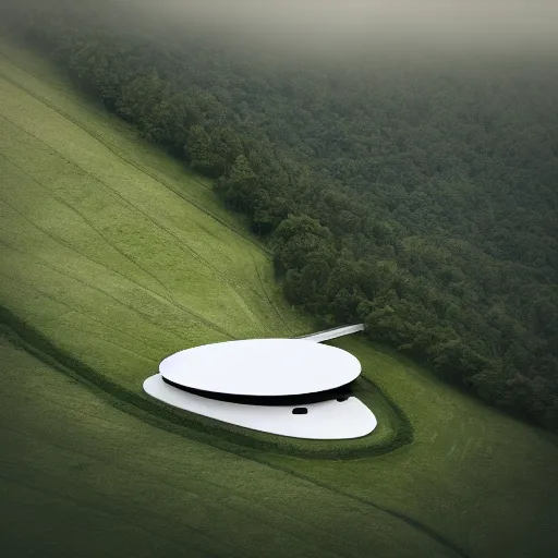 Image similar to An aerial photograph of a music-note-shaped building. The building is on top of a misty hill, photorealistic, highly detailed, sharp focus, smooth, octane render, 4K, digital art