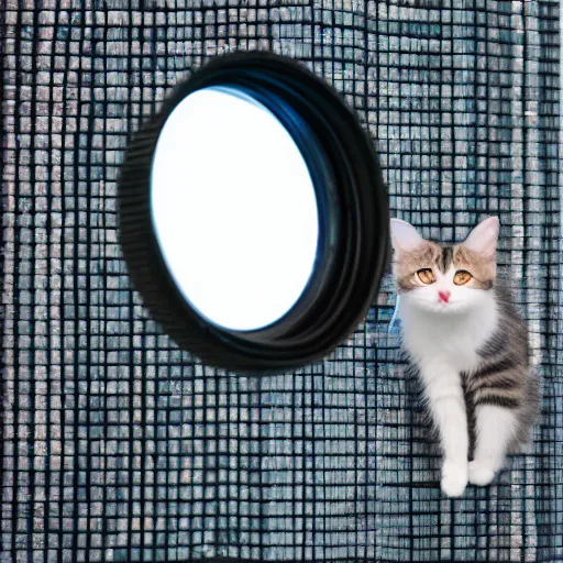 Image similar to infinity mirror reflecting a small cat, 4k, 40nm lens