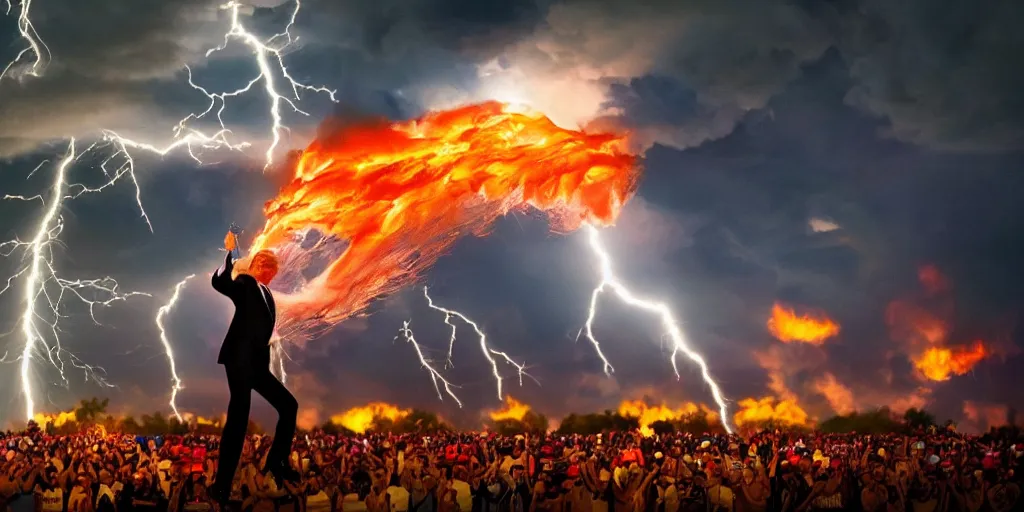 Image similar to donald trump shooting fire from his hands, colorful hd picure, lightning in the background