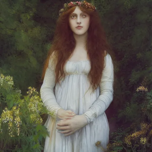 Image similar to painting of a pre - raphaelite girl dressed in nature with a growd of ancient greek full body towers of people, 5 0 mm lens, f 1. 4, sharp focus, ethereal, emotionally evoking, head in focus, volumetric lighting, blur dreamy outdoor,