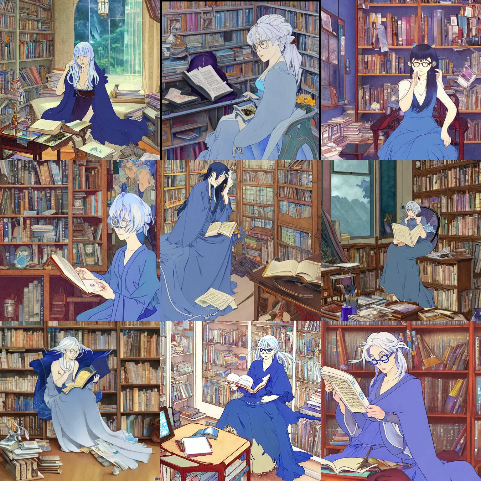 Prompt: A silver-haired sorceress wearing an azure gown and spectacles reading in her cluttered study, beautiful face, highly detailed, Japanese watercolor, Makoto Shinkai and Studio Ghibli anime screenshot, by Ilya Kuvshinov and Alphonse Mucha and Andrei Riabovitchev