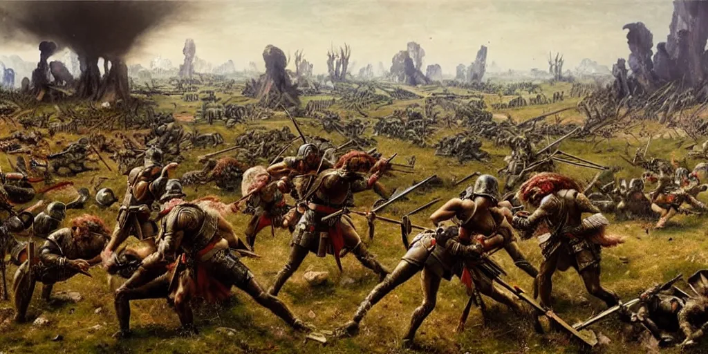 Image similar to scene from ancient battlefield, painting by otto dix and greg rutkowski, 8 k
