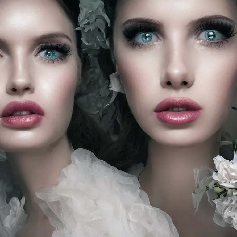 Image similar to makeup is 7 0's style : a wonderful realistic focused sweet face mid portrait of a beautiful symmetrical lonely woman with a detailed wonderful symmetrical face who is dressed with a wonderful, majestic, large semi transparent white cotton dress ornate with semi transparent cotton roses and semi transparent white veils, dramatic light, octane render - 8 k