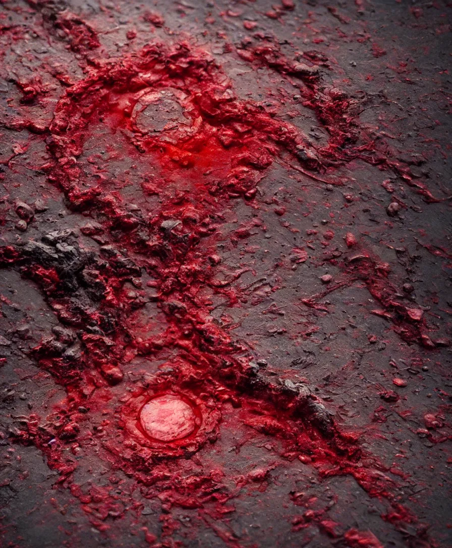 Prompt: hyper realistic super macro blood on tar, art by greg rutkowski, intricate, ultra detailed, photorealistic, vibrante colors, trending on artstation, octane render, 4 k, 8 k