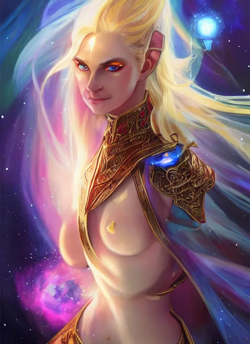 Image similar to blonde female high elf with blue glowing eyes in a multicolored robe, floatiung in front of a nebula, D&D, fantasy, intricate, cinematic lighting, highly detailed, digital painting, Artstation, concept art, smooth, sharp focus, art by Artgerm and Greg Rutkowski, SFW Version