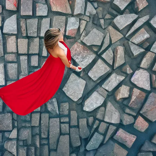 Prompt: a girl in a red dress climbing'' infinite stairs to heaven'' top view, sunset light, cinematic image, hyperrealistic, low iso, 4 k